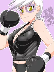 Size: 864x1152 | Tagged: suggestive, artist:pugilismx, derpibooru import, gilda, human, black underwear, boxer, boxing, boxing gloves, breasts, clothes, foxy boxing, humanized, image, jacket, jpeg, leather, leather jacket, panties, short hair, sports, sports panties, underwear, white hair