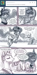 Size: 500x1008 | Tagged: safe, artist:johnjoseco, derpibooru import, derpy hooves, princess celestia, princess luna, alicorn, pony, ask princess molestia, gamer luna, princess molestia, book, clothes, comic, food, skirt, tea, tea party, tennis, tennis ball, tennis racket, twiglets