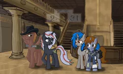 Size: 2678x1611 | Tagged: dead source, safe, artist:darrianmh, derpibooru import, oc, oc:calamity, oc:homage, oc:littlepip, oc:velvet remedy, unofficial characters only, pegasus, pony, unicorn, fallout equestria, fanfic, 31, battle saddle, blushing, clothes, cowboy hat, cutie mark, dashite, fanfic art, female, gun, hat, hooves, horn, male, mare, open mouth, pipbuck, rifle, saddle bag, smiling, spread wings, stallion, text, vault suit, velamity, weapon, wings