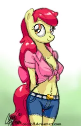 Size: 505x783 | Tagged: adorabloom, adult, anthro, apple bloom, artist:ceehoff, belly button, breasts, busty apple bloom, cleavage, clothes, cute, derpibooru import, female, front knot midriff, midriff, older, older apple bloom, safe, shorts, solo, teenager