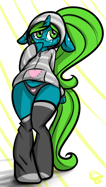 Size: 773x1366 | Tagged: questionable, artist:rawrcharlierawr, derpibooru import, oc, oc:lemontwist, unofficial characters only, anthro, unguligrade anthro, unicorn, bipedal, cameltoe, clothes, female, glasses, hat, heart, hoodie, panties, socks, solo, solo female, stockings, underwear, wide hips