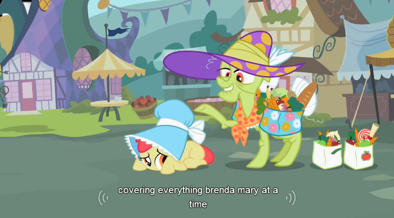 Size: 854x474 | Tagged: apple bloom, bonnet, derpibooru import, family appreciation day, granny smith, hat, safe, screencap, youtube caption