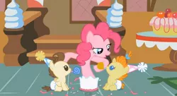 Size: 638x348 | Tagged: babies, baby cakes, baby ponies, bedroom eyes, cake, derpibooru import, diaper, diapered, diapered colt, diapered filly, diapered foals, noisemakers, one month old colt, one month old filly, one month old foals, out of context, party hats, party horns, pinkie pie, pound cake, pumpkin cake, safe, screencap, sugarcube corner, white diapers