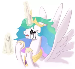 Size: 1280x1185 | Tagged: artist:king-kakapo, crying, derpibooru import, floppy ears, handkerchief, magic, mascara, open mouth, princess celestia, running makeup, sad, safe, snot, solo, spread wings, telekinesis