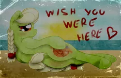 Size: 1600x1028 | Tagged: artist:thexiiilightning, beach, bedroom eyes, blushing, braid, derpibooru import, granny smith, photo, pinup, plot, postcard, suggestive, young granny smith