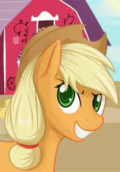 Size: 1988x2856 | Tagged: safe, artist:plazyma, derpibooru import, applejack, barn, grin, portrait, smiling, solo