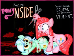 Size: 1400x1065 | Tagged: grimdark, artist:rammzblood, derpibooru import, lyra heartstrings, pinkie pie, blood, image, jpeg, lesbian, lyrapie, parody, pinkamena diane pie, shipping, text