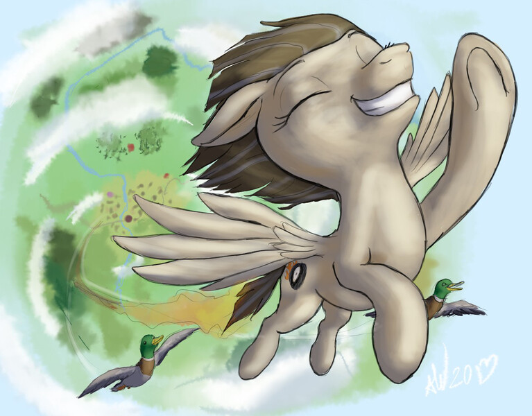 Size: 1265x990 | Tagged: safe, artist:snapai, derpibooru import, wild fire, bird, duck, mallard, pegasus, pony, birthday, eyes closed, female, flying, male, mare, smiling, solo, vertigo