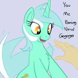 Size: 500x500 | Tagged: suggestive, artist:reiduran, derpibooru import, lyra heartstrings, human, pony, unicorn, chest fluff, dialogue, female, hand, hand fetish, human fetish, humie, implied sex, mare, offscreen character, open mouth, tail wag, you. me. x. now.