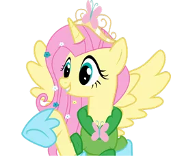 Size: 1024x932 | Tagged: dead source, safe, artist:artisticflounder, derpibooru import, fluttershy, alicorn, pony, clothes, crown, dress, fluttercorn, race swap, simple background, solo, transparent background, vector