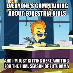 Size: 720x720 | Tagged: safe, derpibooru import, edit, edited screencap, screencap, spitfire, equestria girls, wonderbolts academy, cropped, desk, equestria girls drama, futurama, ponified meme, solo, spider-man