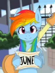 Size: 1024x1365 | Tagged: safe, artist:marisalle, derpibooru import, rainbow dash, pegasus, pony, bipedal, cute, female, guitar, holding, mare, sign, smiling, solo