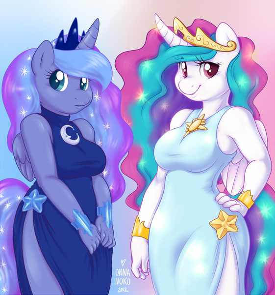 Size: 1000x1070 | Tagged: alicorn, anthro, artist:onnanoko, clothes, curvy, cute, derpibooru import, dress, duo, female, looking at you, princess celestia, princess luna, safe