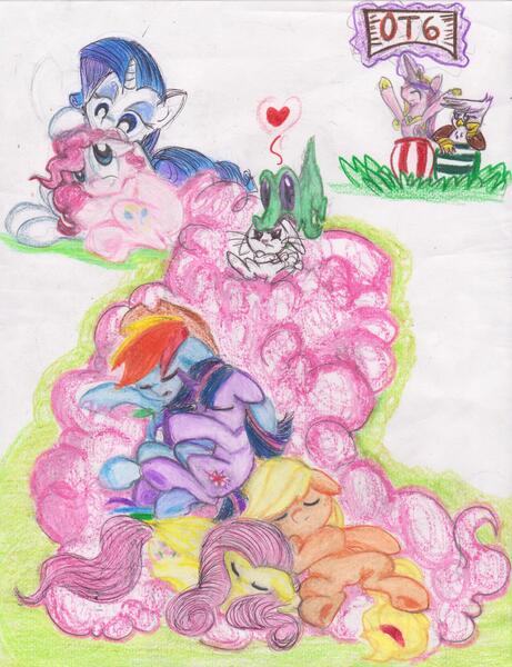 Size: 2487x3237 | Tagged: safe, artist:deihiru, derpibooru import, angel bunny, applejack, fluttershy, gilda, gummy, pinkie pie, princess cadance, rainbow dash, rarity, twilight sparkle, gryphon, appleshy, cuddle puddle, female, heart, lesbian, long tail, mane six, missing accessory, omniship, pony pile, raripie, shipping, sleeping, traditional art, twidash