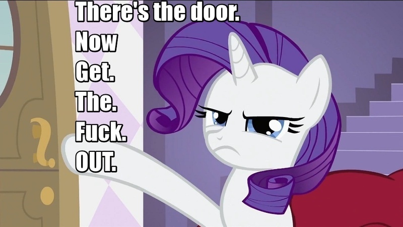 Size: 993x559 | Tagged: derpibooru import, door, edit, gtfo, image macro, rarity, safe, solo, text, vulgar