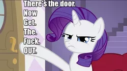 Size: 993x559 | Tagged: derpibooru import, door, edit, gtfo, image macro, rarity, safe, solo, text, vulgar