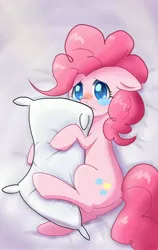 Size: 2400x3800 | Tagged: safe, artist:aymint, derpibooru import, pinkie pie, earth pony, pony, bed, blushing, crying, female, hug, lonely, mare, pillow, pixiv, sad, solo
