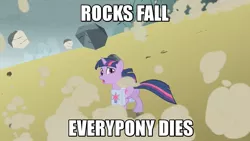 Size: 1280x720 | Tagged: safe, derpibooru import, edit, edited screencap, screencap, twilight sparkle, pony, unicorn, dragonshy, dungeons and dragons, female, gameplay, jitterydragon, killer dm, mare, rocks fall everyone dies, saddle bag, solo, unicorn twilight