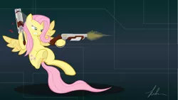 Size: 8002x4500 | Tagged: safe, artist:wreky, derpibooru import, fluttershy, pegasus, pony, absurd resolution, dual wield, flutterbadass, gun, marathon, shotgun, solo, weapon, wste-5m combat shotgun