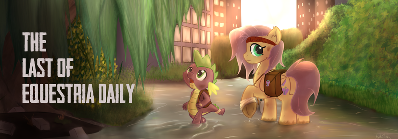 Size: 1000x350 | Tagged: artist:mattatatta, banner, bygone civilization, derpibooru import, duo, equestria daily, fluttershy, headband, parody, plot, raised hoof, saddle bag, safe, spike, survivor shy, the last of us