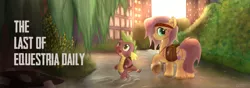 Size: 1000x350 | Tagged: artist:mattatatta, banner, bygone civilization, derpibooru import, duo, equestria daily, fluttershy, headband, parody, plot, raised hoof, saddle bag, safe, spike, survivor shy, the last of us