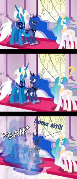 Size: 2174x5000 | Tagged: alicorn, armor, artist:somashield, castle, collar, comic, crown, curved horn, cutie mark, derpibooru import, female, horn, jewelry, male, mare, night guard, oc, oc:soma, princess celestia, princess luna, regalia, royal sisters, safe, stallion, text, wings