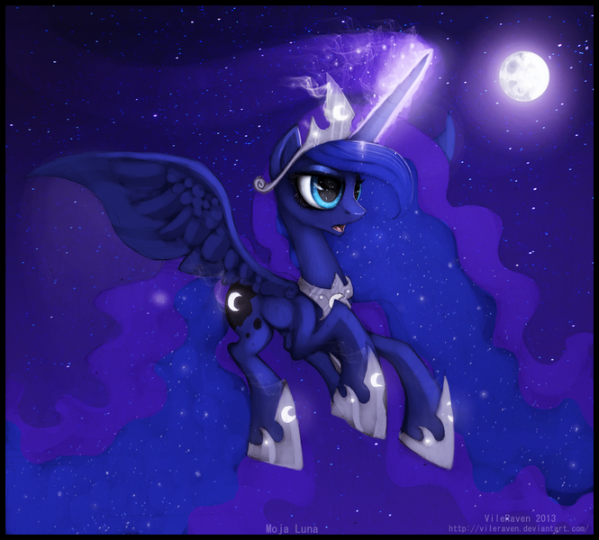 Size: 1316x1188 | Tagged: dead source, safe, artist:vongrell, derpibooru import, princess luna, magic, moon, night, solo, stars