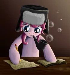 Size: 863x926 | Tagged: artist:xioade, bubble, bubble pipe, dead source, derpibooru import, hat, hoofwriting, paper, pencil, pinkie pie, pipe, safe, solo, ushanka, writing