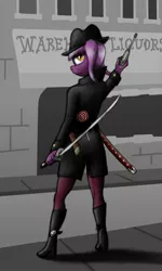 Size: 1650x2750 | Tagged: anthro, anthro oc, artist:kh0nan, derpibooru import, gun, katana, lollipop, oc, pistol, safe, skinny, solo, sword, unofficial characters only, weapon