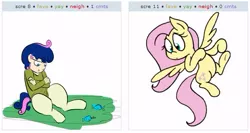 Size: 527x281 | Tagged: artist:mimicpony, artist:strangiesleepy, derpibooru import, exploitable meme, fluttershy, juxtaposition, juxtaposition win, oc, oc:fraise, parent:bon bon, safe, satyr