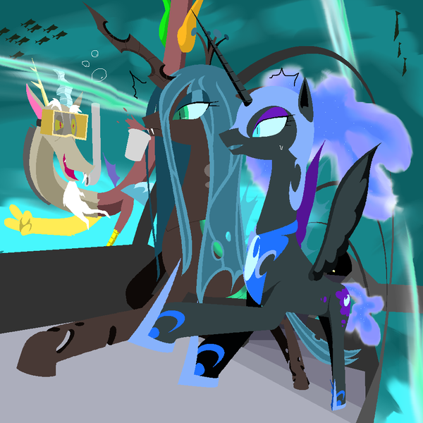 Size: 1000x1000 | Tagged: aquarium, artist:jun, derpibooru import, discord, nightmare moon, queen chrysalis, safe, snorkel, underwater, water