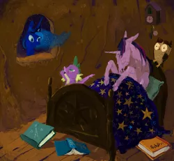 Size: 1280x1185 | Tagged: artist:cygaj, bed, book, derpibooru import, golden oaks library, hoers, night, owlowiscious, princess luna, safe, sleeping, spike, twilight sparkle