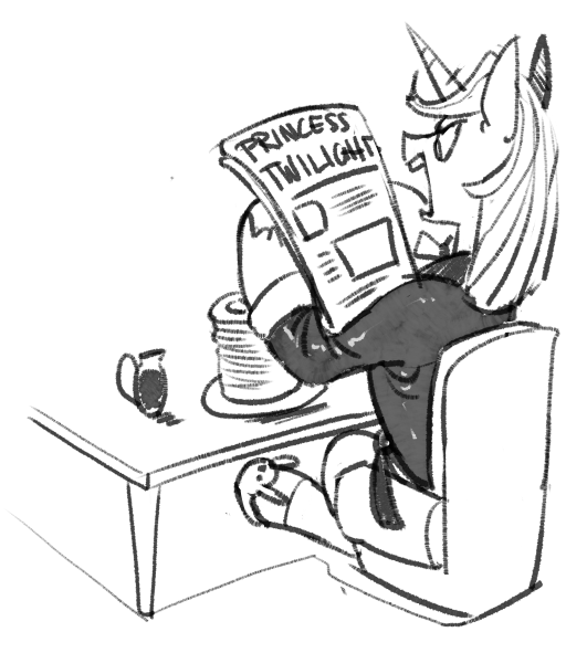 Size: 531x591 | Tagged: safe, artist:kevinsano, derpibooru import, prince blueblood, bunny slippers, clothes, grayscale, implied princess twilight, implied twilight sparkle, monochrome, newspaper, robe, simple background, sketch, solo, white background