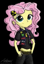 Size: 1011x1473 | Tagged: safe, artist:flutterthrash, derpibooru import, fluttershy, equestria girls, anthrax, belly button, kreator, megadeth, metal, municipal waste, nuclear assault, overkill (band), razor (band), sepultura, slayer, sodom (band), solo