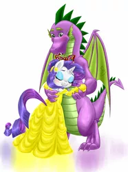 Size: 1000x1347 | Tagged: safe, artist:pia-sama, derpibooru import, rarity, spike, beauty and the beast, bowtie, crossover, female, male, older, shipping, sparity, straight, winged spike