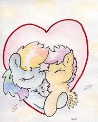 Size: 673x838 | Tagged: suggestive, artist:slightlyshade, derpibooru import, rainbow dash, scootaloo, blushing, drool, female, foalcon, french kiss, heart, kissing, lesbian, mare on filly, scootadash, scootalove, shipping, sloppy kissing, traditional art