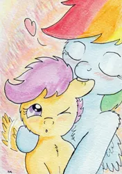 Size: 736x1048 | Tagged: suggestive, artist:slightlyshade, derpibooru import, rainbow dash, scootaloo, pegasus, pony, :o, blushing, cheek fluff, chest fluff, ear bite, female, filly, fluffy, foalcon, heart, hoofing, hug, lesbian, mare, mare on filly, nom, open mouth, scootadash, scootalove, shipping, shoulder fluff, spread wings, traditional art, wingboner, wings