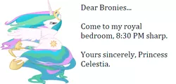 Size: 519x250 | Tagged: bedroom eyes, bronybait, derpibooru import, letter, messy mane, princess celestia, solo, suggestive, sultry pose, text