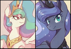 Size: 1428x994 | Tagged: safe, artist:sallymon, derpibooru import, princess celestia, princess luna, alicorn, pony, female, looking at you, mare, open mouth, smiling