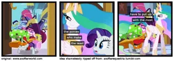 Size: 1200x420 | Tagged: a softer world, atlas, bags valet, bellhop pony, derpibooru import, princess celestia, rarity, safe, sluggage