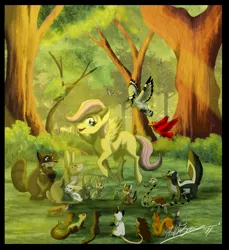 Size: 988x1079 | Tagged: animal, artist:xashleymx, beaver, bird, butterfly, chipmunk, derpibooru import, ferret, filly, fluttershy, forest, frog, porcupine, rabbit, rat, safe, skunk, snake, squirrel, tortoise, younger