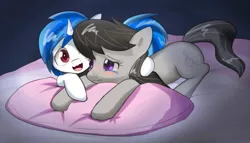 Size: 1400x800 | Tagged: safe, artist:aymint, derpibooru import, octavia melody, vinyl scratch, earth pony, pony, unicorn, bed, blushing, comforting, crying, female, lesbian, mare, open mouth, pillow, pixiv, scratchtavia, shipping