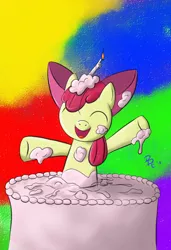 Size: 656x958 | Tagged: apple bloom, artist:plinko, birthday, birthday cake, cake, cute, derpibooru import, messy, pop out cake, safe, solo