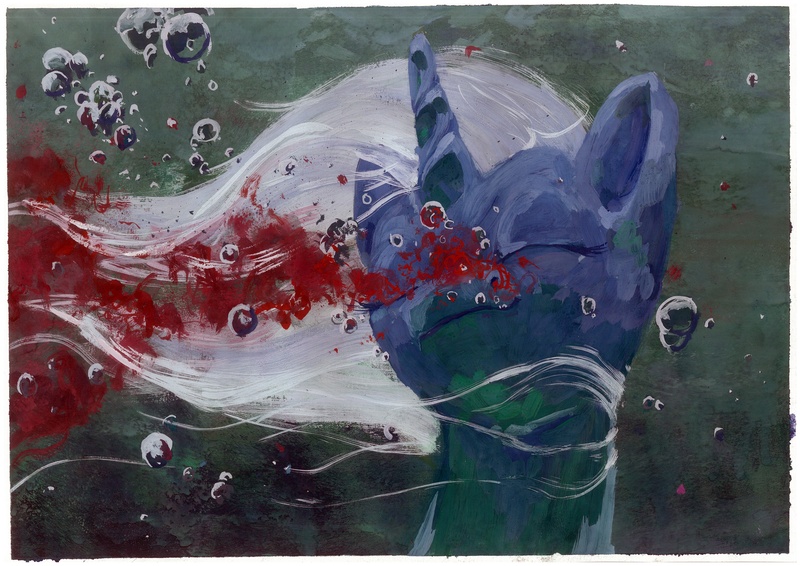 Size: 6620x4680 | Tagged: grimdark, artist:quiet-victories, derpibooru import, trixie, pony, unicorn, absurd resolution, blood, female, gouache, mare, nosebleed, painting, solo, traditional art, underwater, water