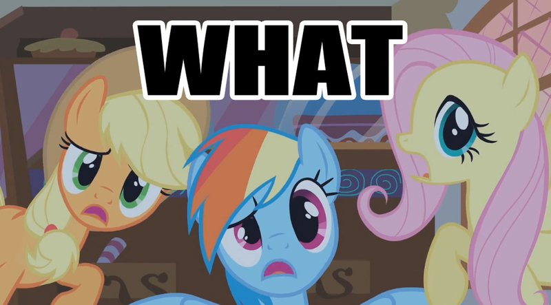 Size: 1000x554 | Tagged: applejack, bridle gossip, derpibooru import, edit, edited screencap, fluttershy, image macro, rainbow dash, reaction image, safe, screencap