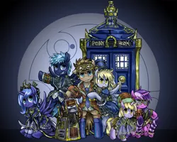 Size: 1600x1280 | Tagged: safe, artist:saturnspace, derpibooru import, amethyst star, derpy hooves, dinky hooves, doctor whooves, princess luna, star hunter, time turner, pegasus, pony, crossover, doctor who, female, jack harkness, mare, steampunk, tardis