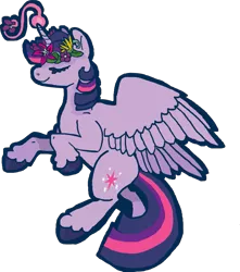 Size: 839x951 | Tagged: safe, artist:weepysheep, deleted from derpibooru, derpibooru import, part of a set, twilight sparkle, twilight sparkle (alicorn), alicorn, pony, eyes closed, floral head wreath, flower, flowerhorse, simple background, smiling, solo, sticker, transparent background, unshorn fetlocks