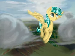 Size: 900x675 | Tagged: artist:tinksunbeam, cloud, cloudy, derpibooru import, flying, safe, scenery, solo, sunshower raindrops, vertigo