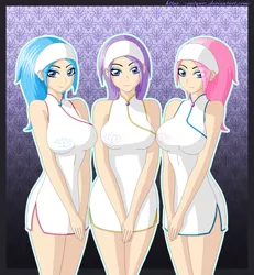 Size: 1850x2000 | Tagged: safe, artist:zantyarz, derpibooru import, aloe, lotus blossom, vera, human, bedroom eyes, breasts, clothes, cute, eye clipping through hair, female, humanized, image, looking at you, png, smiling, spa tunic, spa twins, trio