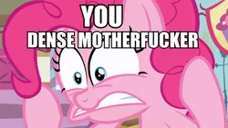 Size: 960x541 | Tagged: derpibooru import, image macro, meme, pinkie pie, reaction image, safe, solo, vulgar, you dense motherfucker